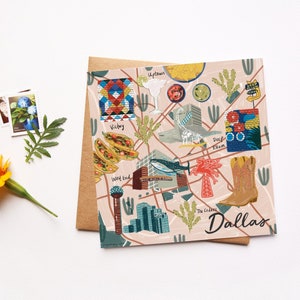 Tarjeta del mapa de la ciudad de Dallas, Arte del sudoeste, Tejas ilustrada ilustrada, Viajes los E.E.U.U., Ilustración del estilo del sudoeste, Regalos del arte del viaje