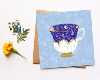 Grandma's Teacup, Antique Tea, Vintage Style, Illustrated Greeting Card, Tea Lover Gift, Card for Mom, Card for Grandma, Just Because