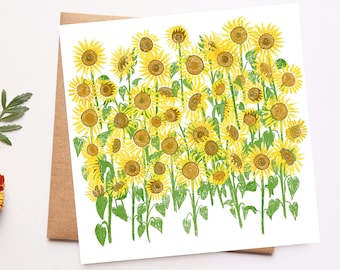 Sunflowers Illustration Card, Yellow Flowers, Whimsical Illustrated Card, Floral Art, Card for Mom, Any Occasion, Thank You Note, Blank Card