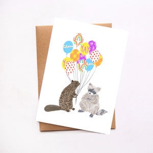 Party-Tiere mit Luftballons, Feier-Karte, alles Gute zum Geburtstag, illustrierte Notiz-Karte, Hooray, Herzlichen Glückwunsch, Cheers, Yay, Sie haben es!