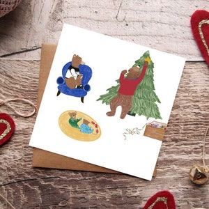 Christmas Bears, Family Holiday Greeting Card, Merry Christmas, Decorating Tree, Bear Illustration, Art Print, Illustrated Card, Watercolor image 1