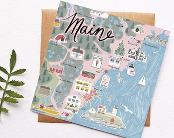 Coastal Maine Card, Southern Maine Map, Ogunquit, York, Kennebunkport, Wells, Nubble Lighthouse, Illustrated Art, Gift