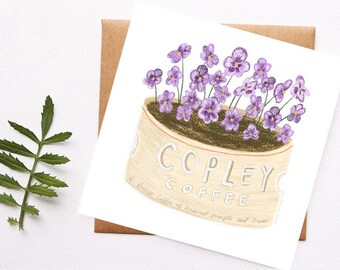 Purple Pansies Card, Vintage Coffee, Whimsical Art Card, Floral Illustration, Card for Mom, Thank You Note, Spring Card