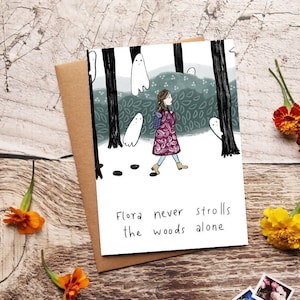 Flora and the Ghosts, Happy Halloween Card, Folktale, Storytelling, Spooky, Folk Art, Late Autumn Theme, Winter Landscape, Blank Card