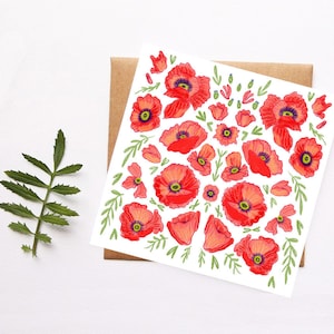 California Mohnblumen Illustration Karte, Mohn Blumen, botanische illustrierte Karte, Blumenkunst, Karte für Mama, Dankeschön- und blanke Karte