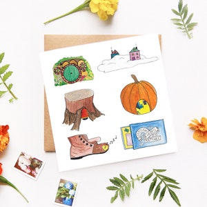Hogares pequeños, tarjeta de inicio de bienvenida, tarjeta ilustrada caprichosa, nuevo hogar, cualquier tarjeta de ocasión, sólo porque la tarjeta, hobbit agujero, ilustración de fantasía