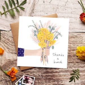 Dank ein Bündel Karte, Floral Dankeschön Hinweis, illustrierte Grußkarte, Blumenkunst, Blumenstrauß, Wertschätzung und Dankbarkeit Karte