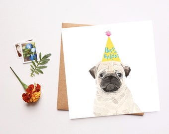 Happy Birthday Pug Card, Pug Illustration Art, Dog Portrait, Birthday Celebration, Animal Themed, Dog Lover Birthday Card, Pug Greeting Card