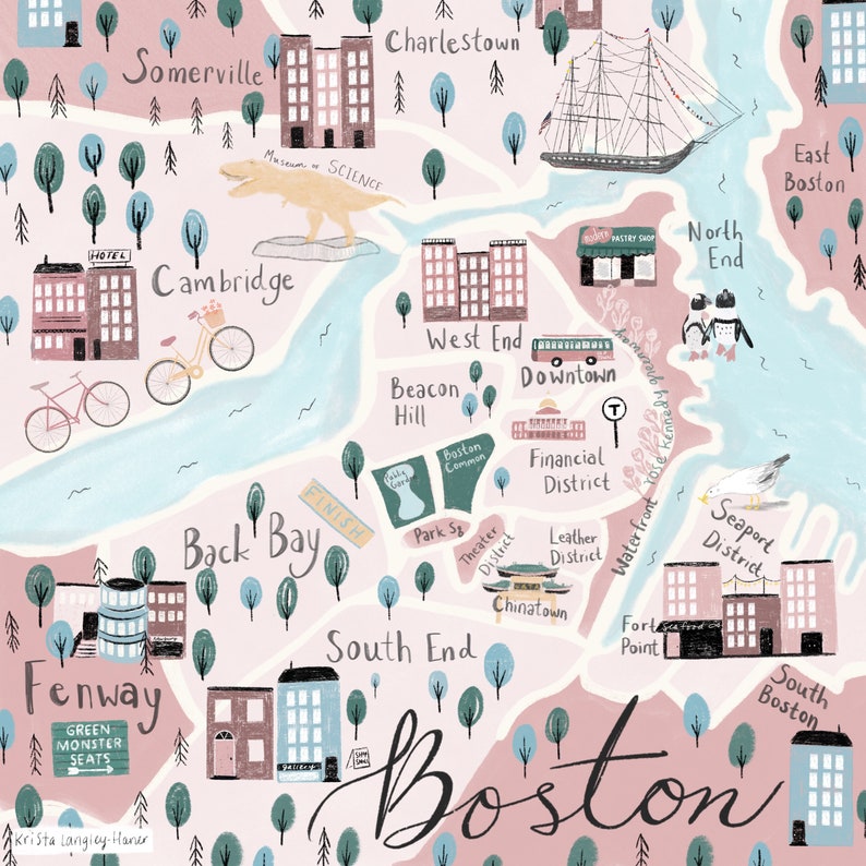 BOSTON Map Illustration, City Street, Massachusetts Gift, Wall Art Prints, Fine Art Prints, Illustration Art, Wall Decor, Whimsical Art image 2