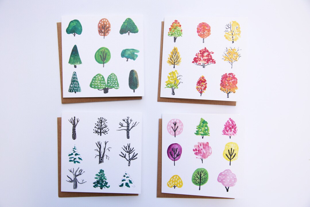 Seasonal Trees Greeting Card Set, Autumn, Winter, Spring, Summer Trees ...
