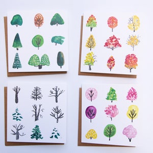 Conjunto de cartões comemorativos de árvores sazonais, outono, inverno, primavera, árvores de verão, cartões ilustrados, ilustração extravagante, presentes menores de 20 anos
