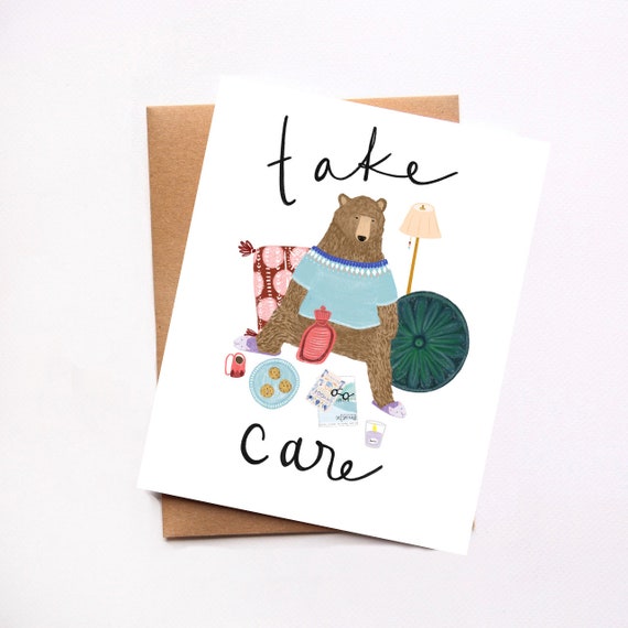 Self Care Card, Be Well, Take Care Note Card, Cute Animal Card, College Student Card, Treat Yourself, Friendship Card, Bear Illustration