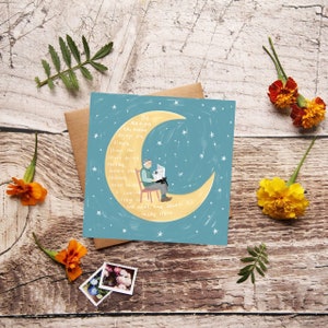 Man on the Moon Card, Whimsical Moon Illustration, Folktale Art, Counting Lucky Stars, Cute and Funny Card, Outer Space Theme