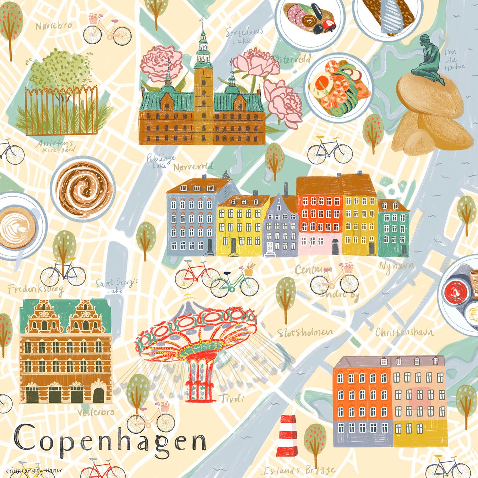 Copenhagen Map Illustration København Denmark Illustrated - Etsy