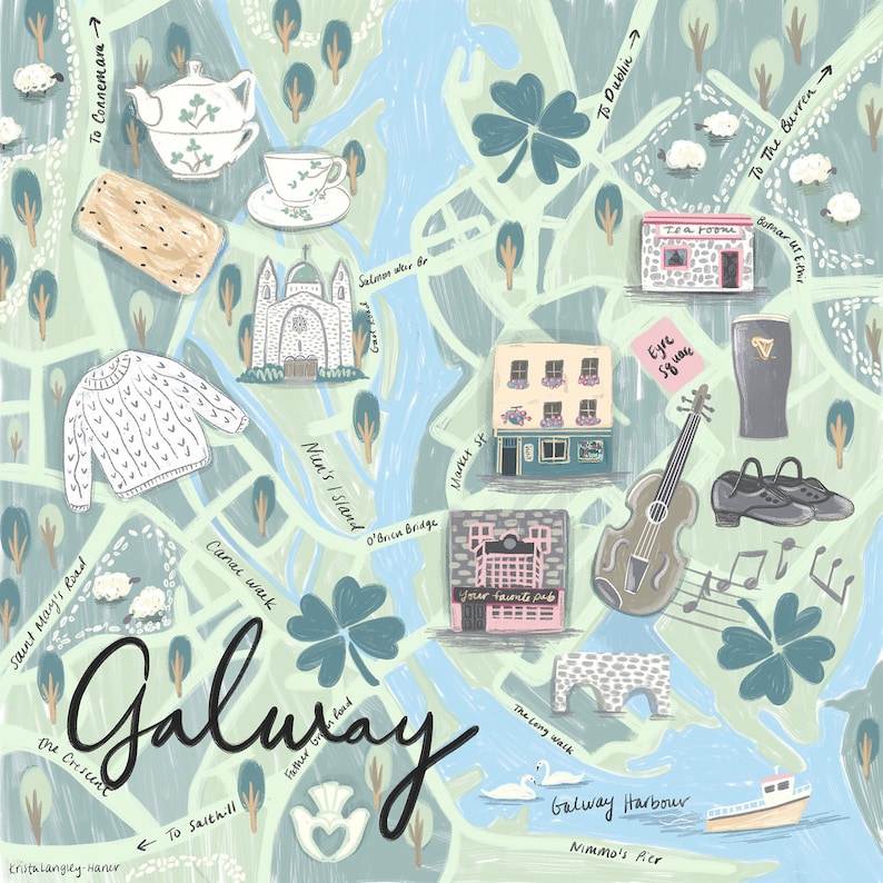 Galway City Card, Map Illustration, Ireland Art Print, Irish Art Gifts ...