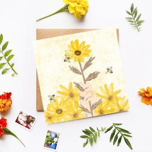 Mystic Summer, Gele Bloemen, Zonnebloemen, Save the Bees, Grillige Geïllustreerde Kaart, Floral Art, Happy Summer Vacation Card