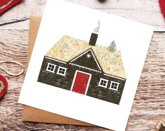 Scandinavian Cozy Cabin, Norwegian Christmas Hygge Home, Festive Winter Holidays Greeting Card, Blank Card, Merry Christmas Note Card