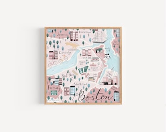 BOSTON Map Illustration, City Street, Massachusetts Gift, Wall Art Prints, Fine Art Prints, Illustration Art, Wall Decor, Whimsical Art