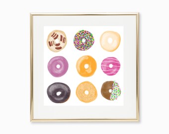 Donuts Illustration Print, Foodie Art, Wall Art Prints, Fine Art Prints, Illustration Art, Wall Decor, Whimsical Art, Art Gifts