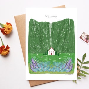 Bella carta paesaggistica islandese, illustrazione nordica, regalo d'arte scandinavo, Reykjavík, ispirazione di viaggio, islandese viaggio ricordo