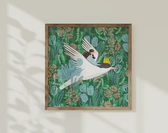 Fairy & Bird Illustrated Art Print, Fairy in her Garden, Nuthatch Botanical Wall Art For Kids Toddler Room or Nursery, Floral Illustration