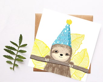 Sloth Happy Birthday Card, Sloth Illustration Art, Birthday Celebration, Animal Themed, Sloth Lover Birthday Card, Blank Card, Sloth Gifts