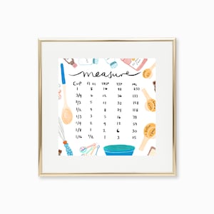 May include: A white printable chart with a colorful watercolor design of kitchen utensils and ingredients. The chart lists common cooking measurements in cups, fluid ounces, tablespoons, teaspoons, and milliliters.