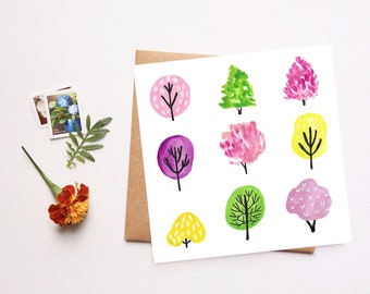 Spring Trees Greeting Card, Spring Illustration, Happy Spring Notecard, Floral Art and Design, Whimsical Art, Just Because, Thank You Card