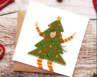 Festive Christmas Girl, Cute Illustrated Card, Happy Holidays Card, Merry Christmas, Costume Party, Funny Christmas Card