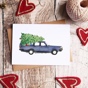 Taking Home The Tree, Merry Christmas Card, Holiday, Christmas Tree, Illustration Art, Watercolor Christmas, Seasons Greetings, Tree on Car image 1