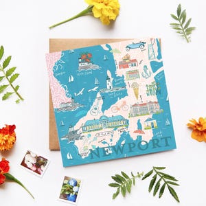 Biglietto d'auguri per Newport, Rhode Island, mappa illustrata, Newport, Rhode Island, illustrazione artistica di una destinazione per matrimoni, addio al nubilato, luna di miele, regalo per biglietti di nozze