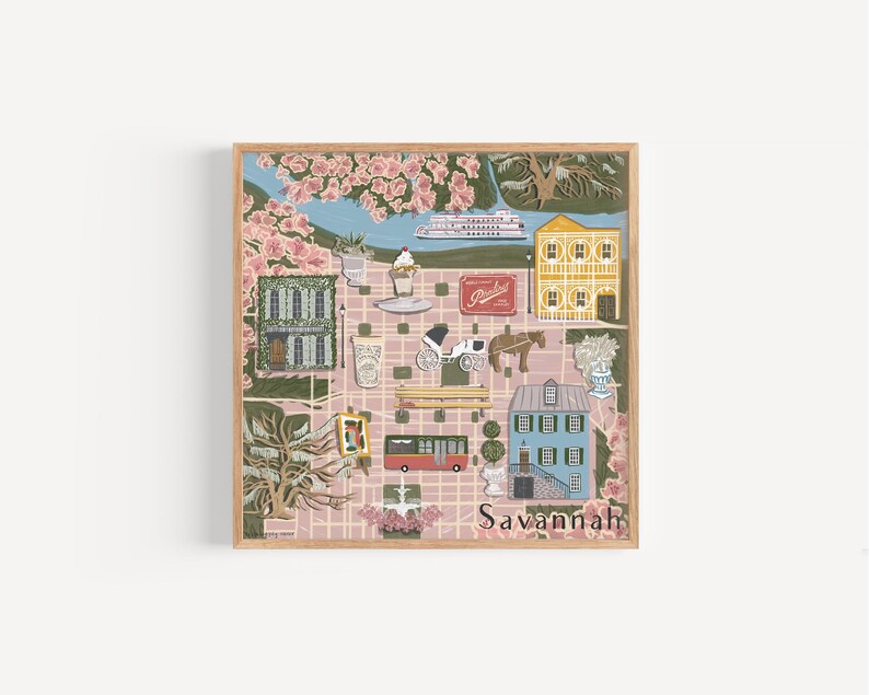 May include: A colorful illustrated map of Savannah, Georgia, with pink, green, blue, and yellow buildings, a red bus, a white boat, a horse-drawn carriage, and the text "Savannah".