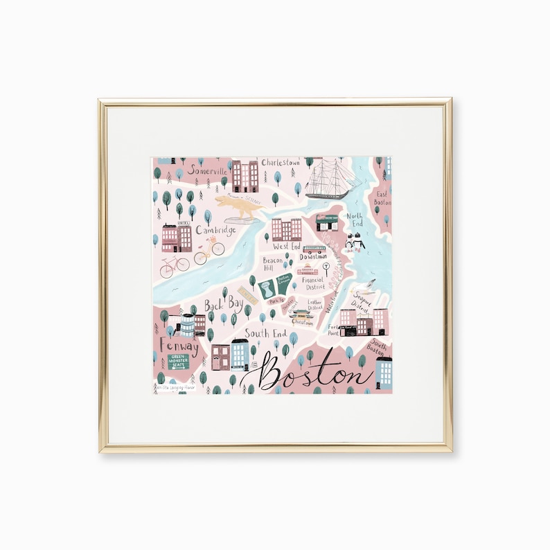 BOSTON Map Illustration, City Street, Massachusetts Gift, Wall Art Prints, Fine Art Prints, Illustration Art, Wall Decor, Whimsical Art image 1