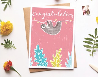 Sloth Baby Card, Félicitations Nouvelle carte de vœux de bébé, Cadeau pour baby shower, Nouvelle carte de mère, Illustration paresseux