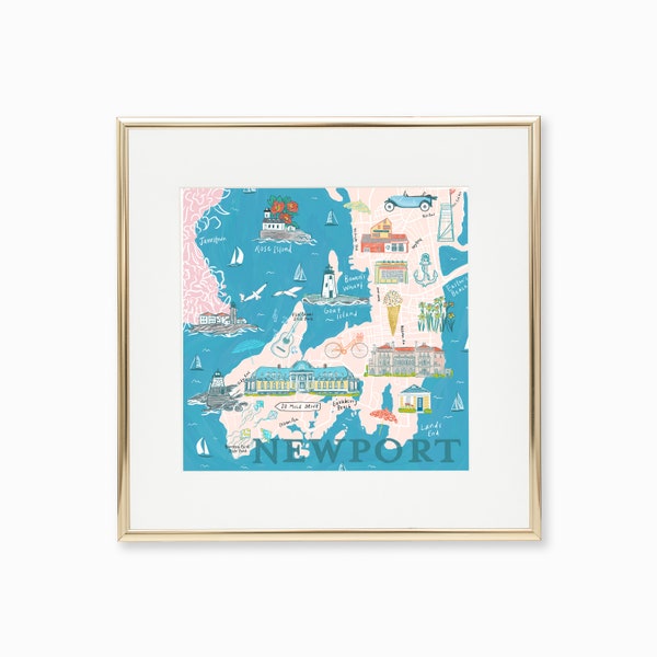 Newport RI Map Illustration, Rhode Island Illustrated Map, Newport Wedding Gift