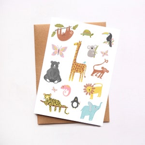 Carte heureuse d’animaux, pour des enfants, nouvelle carte de bébé, douche de bébé, bébé de félicitations, pépinière de thème d’animal d’anniversaire, safari, jungle, art de chambre de chéri