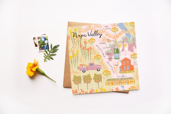 Napa Valley Card, Map Illustration of Wine Country, California Wineries, Illustrated Art Card, Honeymoon Gift, Wedding Gift, Travel Art