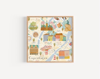 Stampa della mappa di Copenaghen, Mappa illustrata di Copenaghen, Danimarca, Stampe artistiche da parete della città, Regali artistici di viaggio danesi, Decorazione murale, Illustrazione di Copenaghen