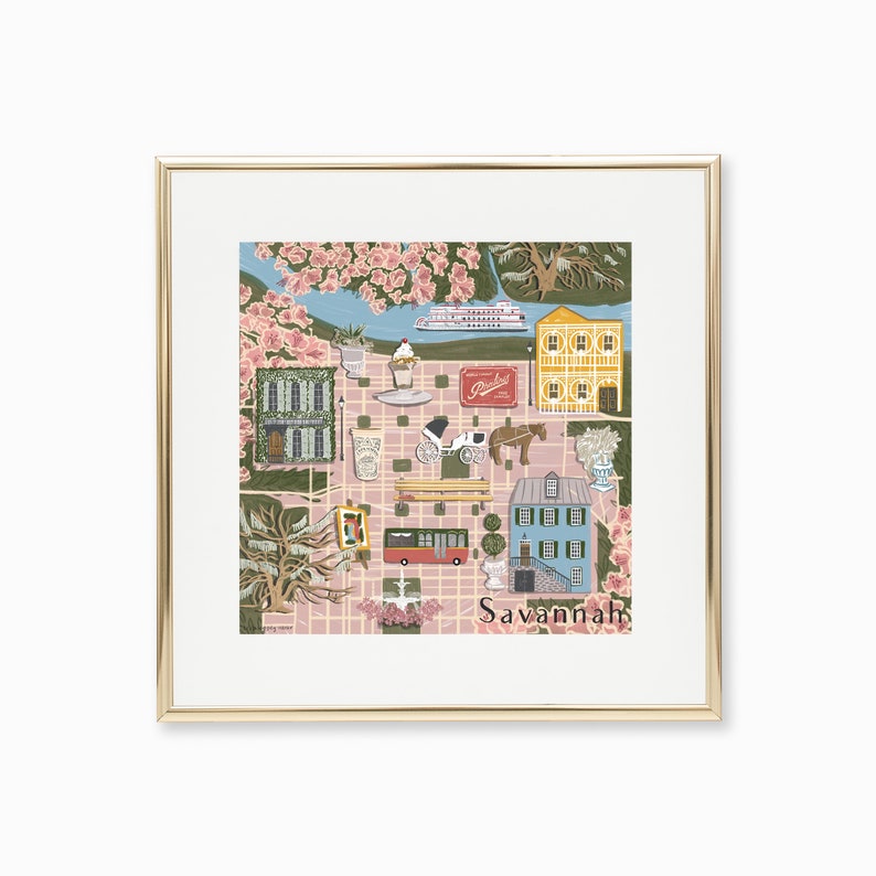 May include: A pink and green illustrated map of Savannah, Georgia, with a river, buildings, a horse-drawn carriage, a bus, and a boat. The text "Savannah" is at the bottom of the map.