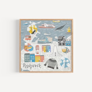 Impression de carte de Reykjavik, carte illustrée de l'Islande, voyage en Islande, cadeau art nordique, illustration de la ville d'art de Reykjavik, art mural, art du voyage
