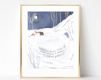 Winter Solstice Animals Art Print, Gratitude Christmas Holiday Gift, Rustic Illustration Art, Winter Landscape, Winter Decor, Wall Art