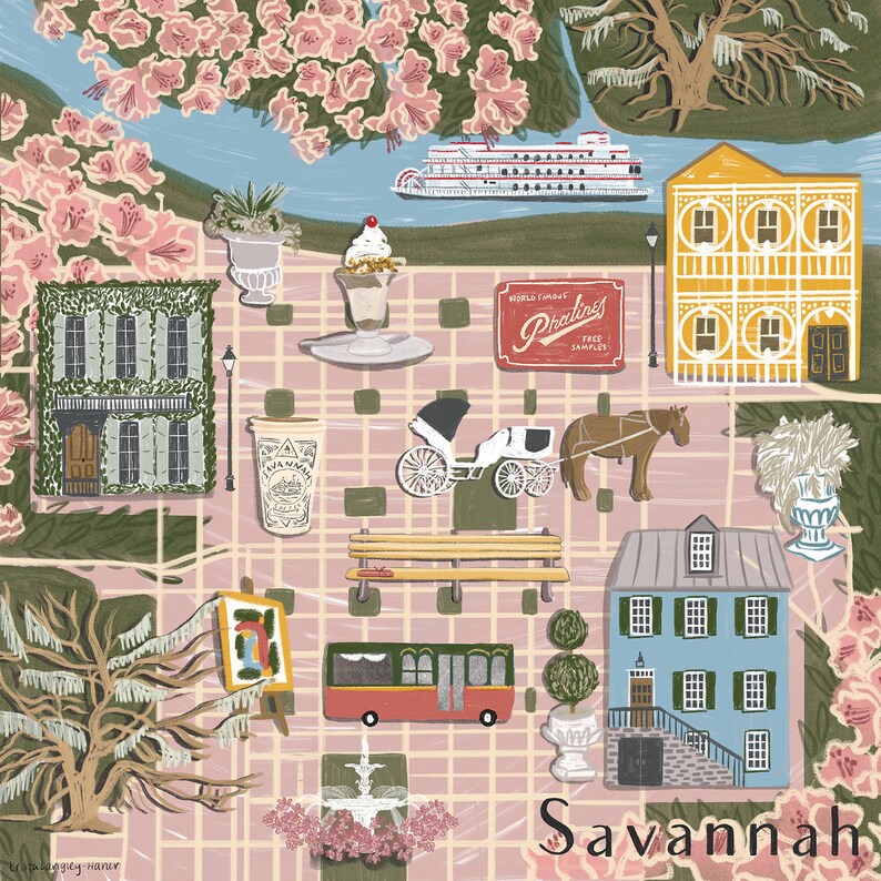 May include: A colorful illustration of Savannah, Georgia, with a pink background and a grid pattern. The illustration features a variety of buildings, trees, a river, a horse-drawn carriage, a bus, a fountain, and a sundae. The text "Savannah" is written in large, bold letters at the bottom of the illustration.