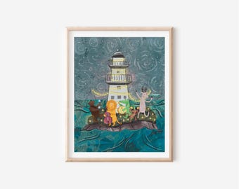 Animal Lighthouse Musical Jamboree, Wild Animal Illustration for Kids Toddler Room or Nursery, Nautical Kids Print, Magical Animal Wall Art