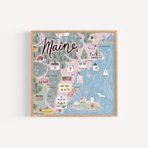 Carte de la côte du Maine, illustration du sud du Maine, Ogunquit, York, Kennebunkport, Wells, phare de Nubble, art illustré, cadeau, décoration estivale