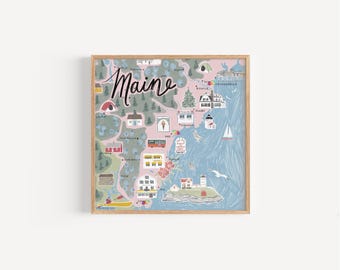 Mappa costiera del Maine, illustrazione del Maine meridionale, Ogunquit, York, Kennebunkport, Wells, faro di Nubble, arte illustrata, regalo, decorazioni estive