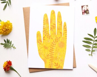 Illustrated Hand, Greeting Card, Folk Art, Yellow Florals, Folksy Illustration, Palmistry, Thank You, Friendship and Love, Card for Friend