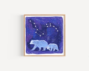 Great Bear & Little Bear Art Print, Major Ursa and Ursa Minor Wall Art, Big and Little Dipper Illustration, For Kids Toddler Room or Nursery