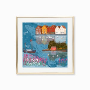 Bergen, Norway Map Illustration, Nordic Art, Travel Keepsake Gift, Scandinavian Illustration