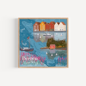 Bergen Norwegen Karte Druck, nordische Kunst, Reiseandenken, skandinavische Illustration