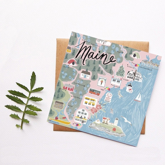Coastal Maine Card, Southern Maine Map, Ogunquit, York, Kennebunkport, Wells, Nubble Lighthouse, Illustrated Art, Gift